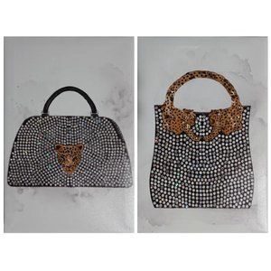 Wall Art Set of 2 Unframed CANVASES BLACK/WHITE HANDBAGS w LEOPARD & 3-D SEQUIN